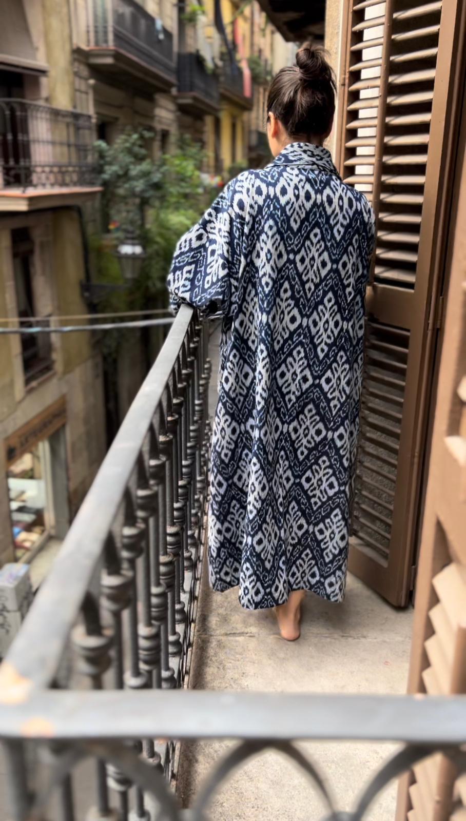 Rania Kimono - Blauw, grijze Ikat