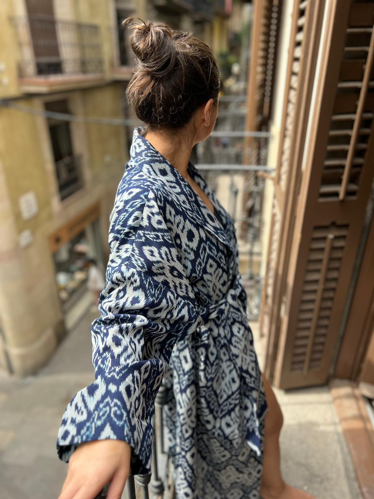 Rania Kimono - Blauw, grijze Ikat