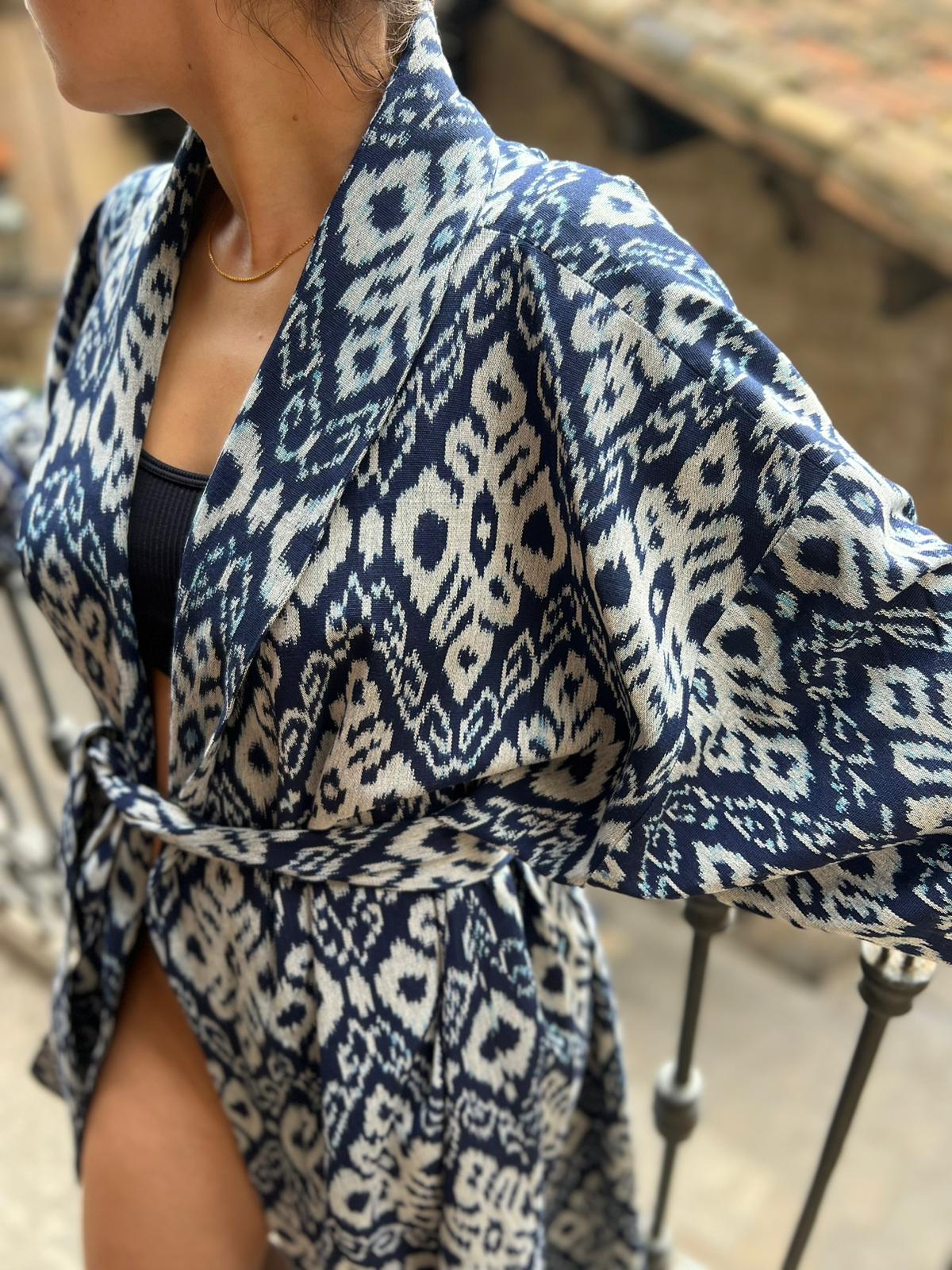 Rania Kimono - Blauw, grijze Ikat